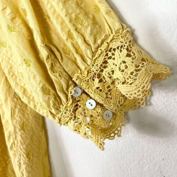 Love Shack Fancy Robin Yellow Boho Embroidered Yoked Crochet Lace Trim Blouse XS - Picture 6 of 8